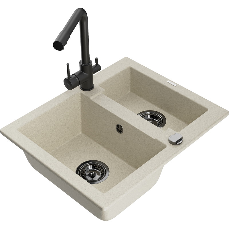 Mexen Carlos granitische gootsteen 1,5-komorige met keukenkraan Duero, beige - 6518-69-671600-70