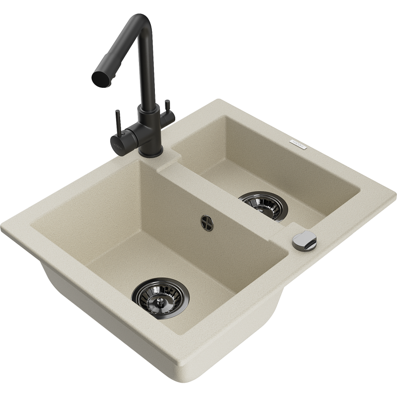 Mexen Carlos lava-loiça de granito com 1,5 cubas e torneira de cozinha Duero, bege - 6518-69-671600-70