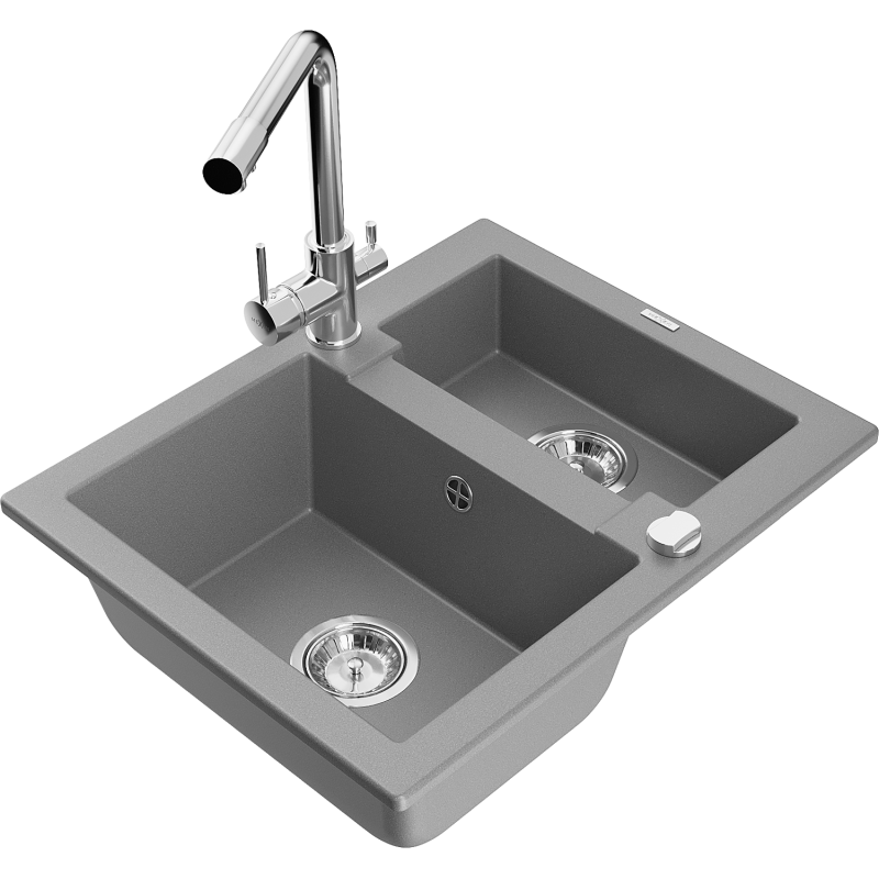 Mexen Carlos 1.5-bowl granite sink with Duero kitchen tap, grey - 6518-71-671600-00