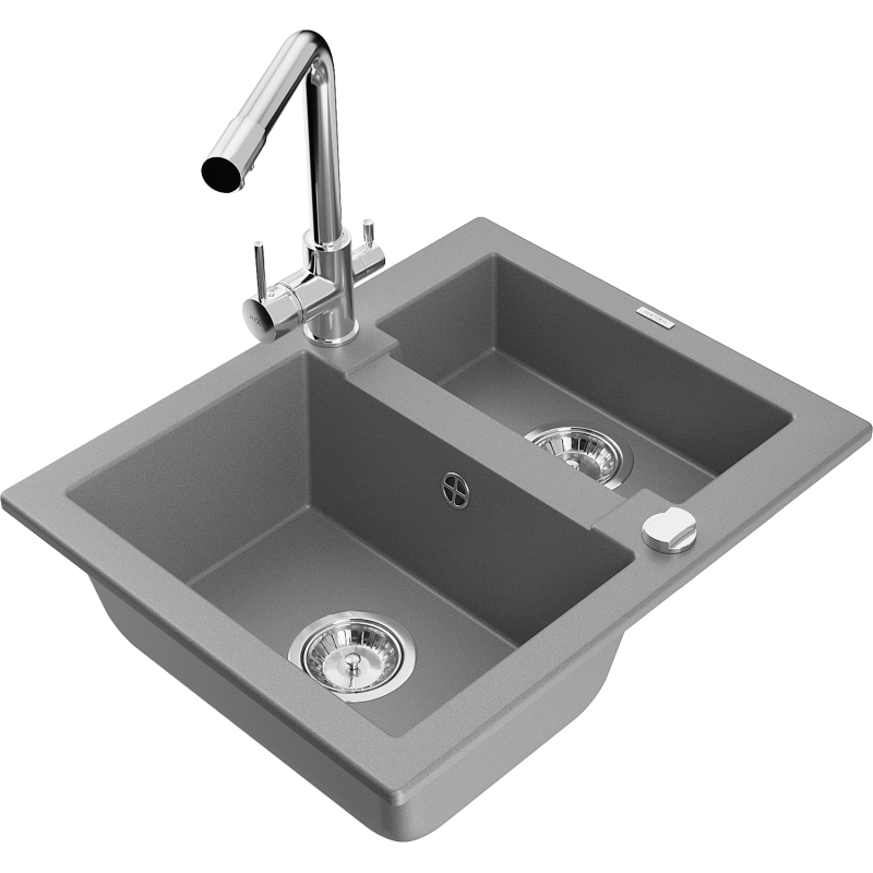 Mexen Carlos lavello in granito 1,5 vasche con rubinetto da cucina Duero, grigio - 6518-71-671600-00