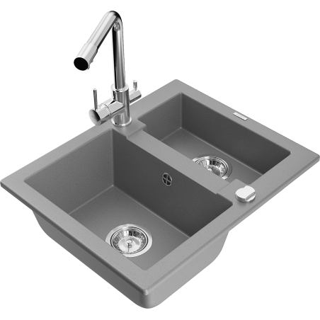 Mexen Carlos 1.5-bowl granite sink with Duero kitchen faucet, gray - 6518-71-671600-00