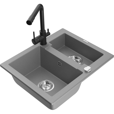 Mexen Carlos granite sink 1.5-bowl with Duero kitchen tap, grey - 6518-71-671600-70