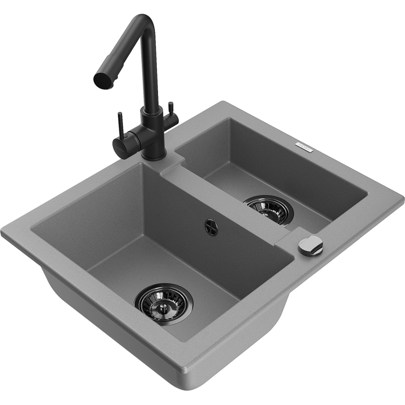 Mexen Carlos granieten gootsteen met 1,5 kamers en Duero keukenkraan, grijs - 6518-71-671600-70-B