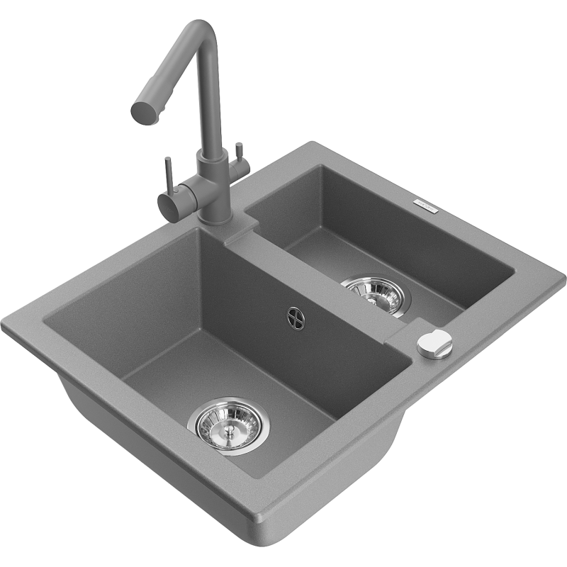 Mexen Carlos 1.5-bowl granite sink with Duero kitchen tap, grey - 6518-71-671600-71