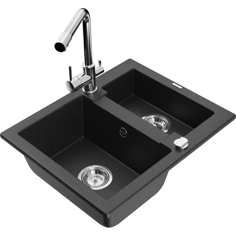 Mexen Carlos granite sink 1.5-bowl with Duero kitchen tap, black/silver metallic - 6518-73-671600-00