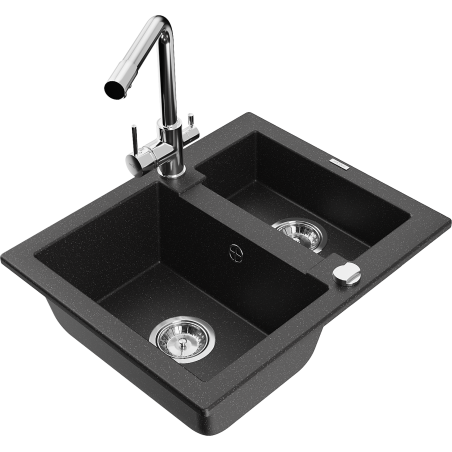 Mexen Carlos granite sink 1.5-bowl with Duero kitchen tap, black/silver metallic - 6518-73-671600-00