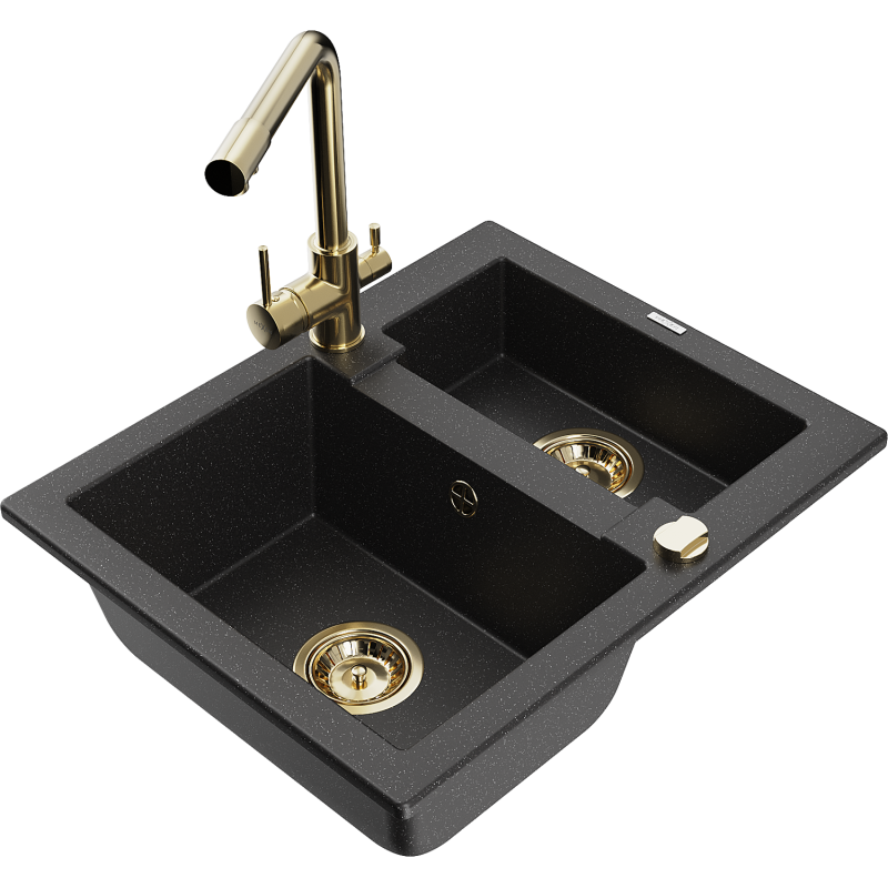 Mexen Carlos lava-louça de granito 1,5 cuba com torneira de cozinha Duero, preto/prata metálico - 6518-73-671600-50