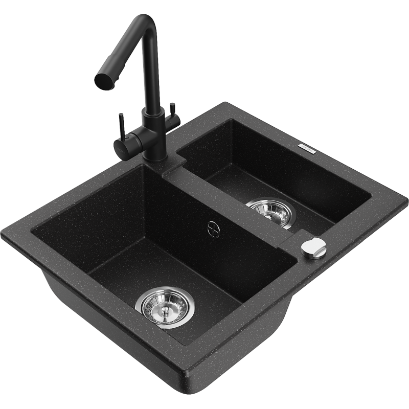 Mexen Carlos 1.5-bowl granite sink with Duero kitchen tap, black/silver metallic - 6518-73-671600-70