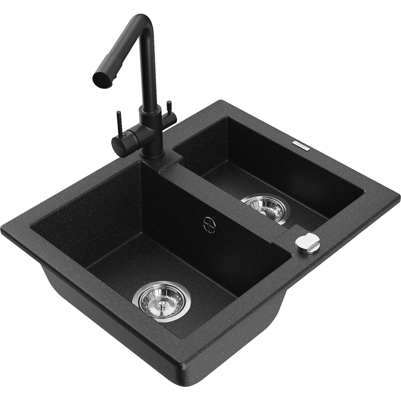 Mexen Carlos fregadero de granito de 1,5 senos con grifo de cocina Duero, negro/plata metálico - 6518-73-671600-70