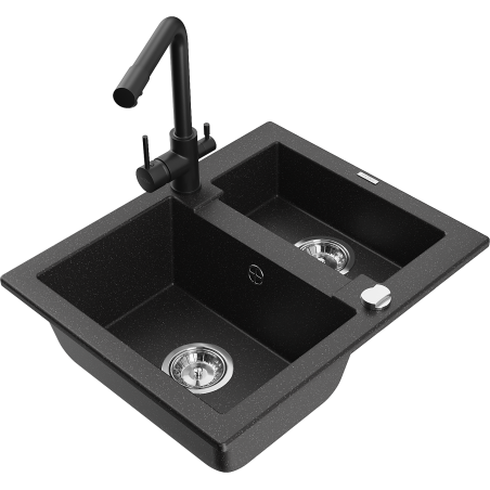 Mexen Carlos fregadero de granito de 1,5 senos con grifo de cocina Duero, negro/plata metálico - 6518-73-671600-70