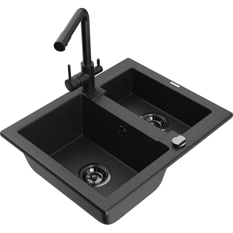 Mexen Carlos granite sink 1.5-bowl with Duero kitchen tap, black/silver metallic - 6518-73-671600-70-B