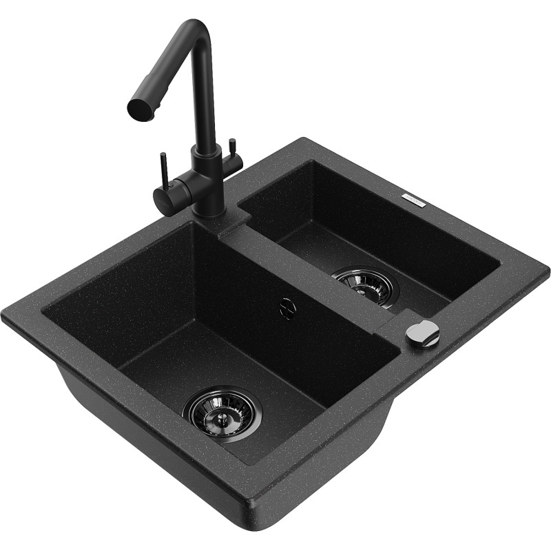 Mexen Carlos granitische spoelbak 1,5-komor met keukenmengkraan Duero, zwart/zilver metallic - 6518-73-671600-70-B
