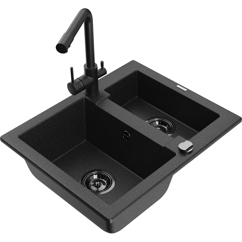 Mexen Carlos lava-louça de granito de 1,5 tigela com torneira de cozinha Duero, preto/prateado metálico - 6518-73-671600-70-B