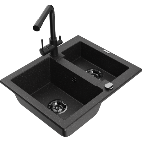 Mexen Carlos granitische spoelbak 1,5-komor met keukenmengkraan Duero, zwart/zilver metallic - 6518-73-671600-70-B