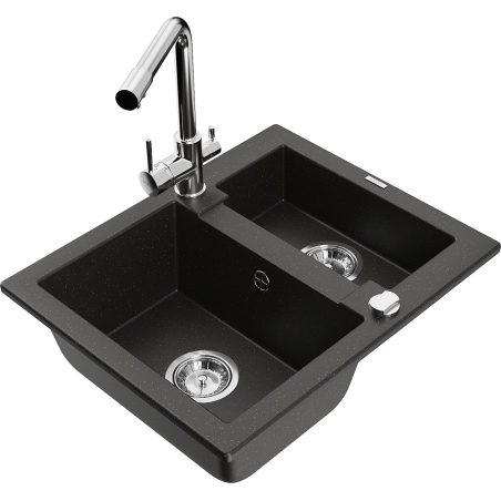 Mexen Carlos Granite Kitchen Sink 1.5-Bowl with Duero Tap, Black/Gold Metallic - 6518-75-671600-00