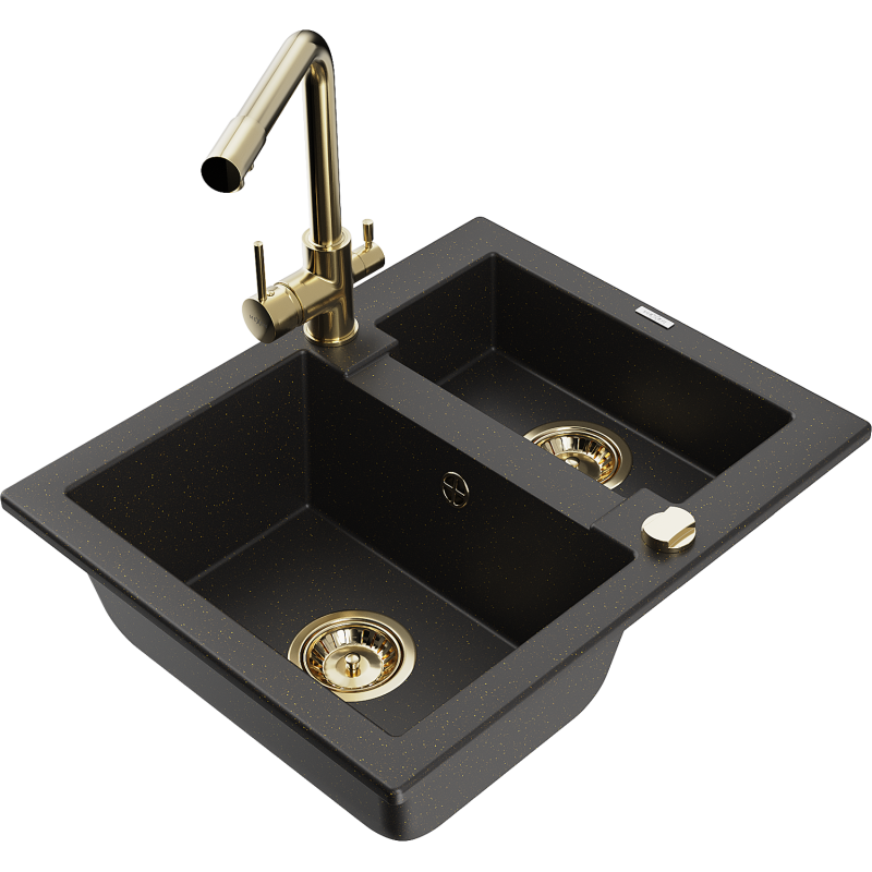 Mexen Carlos lava-loiça de granito com 1,5 cubas com torneira de cozinha Duero, preto/dourado metálico - 6518-75-671600-50