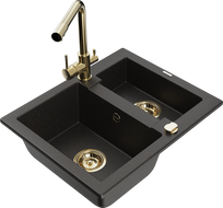 Mexen Carlos granite sink 1.5-bowl with Duero kitchen faucet, black/gold metallic - 6518-75-671600-50