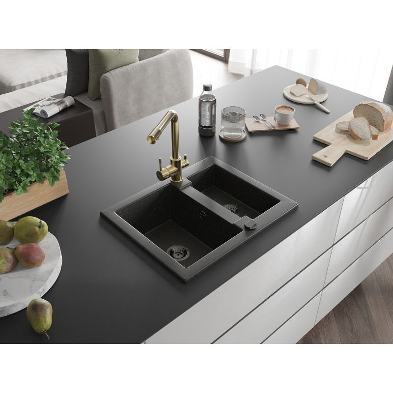 Mexen Carlos granieten gootsteen 1,5-komorige met keukenmengkraan Duero, zwart/goud metallic - 6518-75-671600-50-B