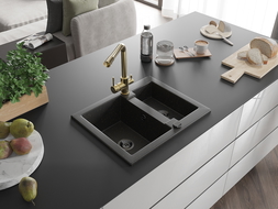 Mexen Carlos granite sink 1.5-bowl with Duero kitchen tap, black/gold metallic - 6518-75-671600-50-B