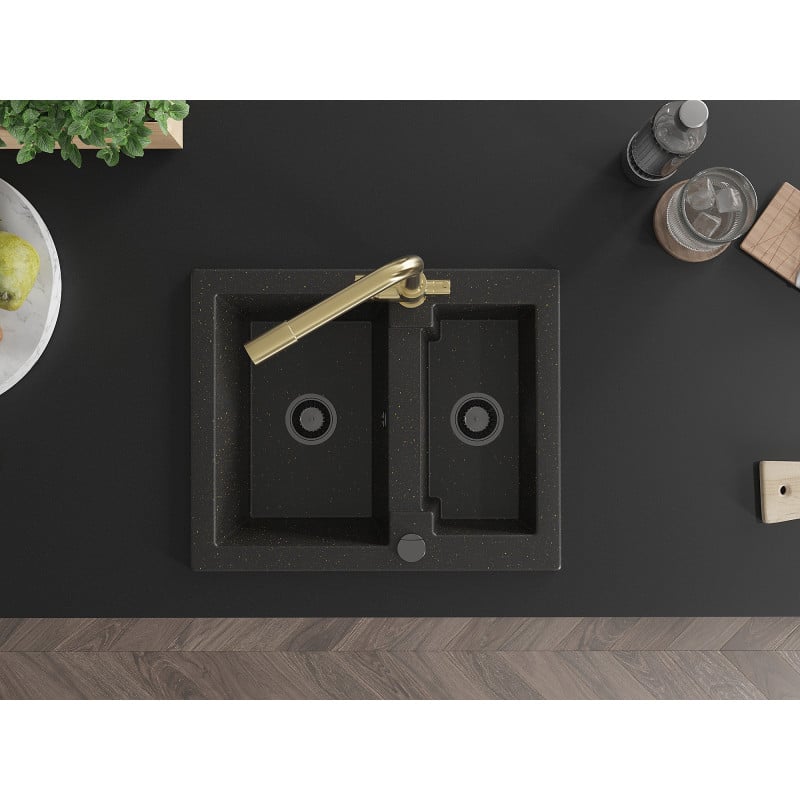 Mexen Carlos granieten spoelbak 1,5-komorige met keukenmengkraan Duero, zwart/goud metallic - 6518-75-671600-50-B