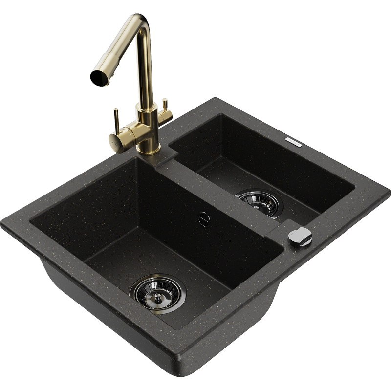 Mexen Carlos Granitspüle 1,5-Kammer mit Küchenarmatur Duero, schwarz/goldener Metallic - 6518-75-671600-50-B
