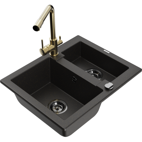 Mexen Carlos granite sink 1.5-bowl with Duero kitchen tap, black/gold metallic - 6518-75-671600-50-B