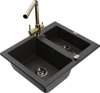 Mexen Carlos granieten spoelbak 1,5-komorige met keukenmengkraan Duero, zwart/goud metallic - 6518-75-671600-50-B