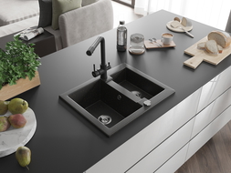 Mexen Carlos granieten spoelbak 1,5-komor met keukenmengkraan Duero, zwart/goud metallic - 6518-75-671600-70