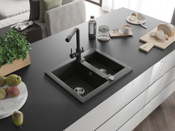 Mexen Carlos lavello in granito da 1,5 vasca con miscelatore da cucina Duero, nero/oro metallico - 6518-75-671600-70