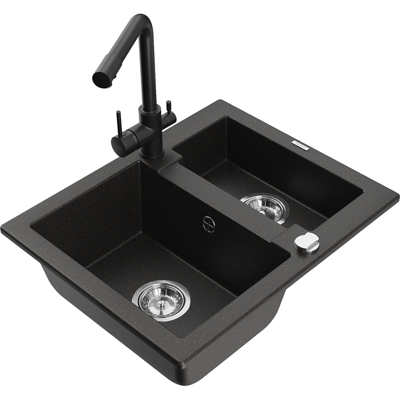 Mexen Carlos granitdiskho med 1,5 hoar och köksblandare Duero, svart/guld metallisk - 6518-75-671600-70