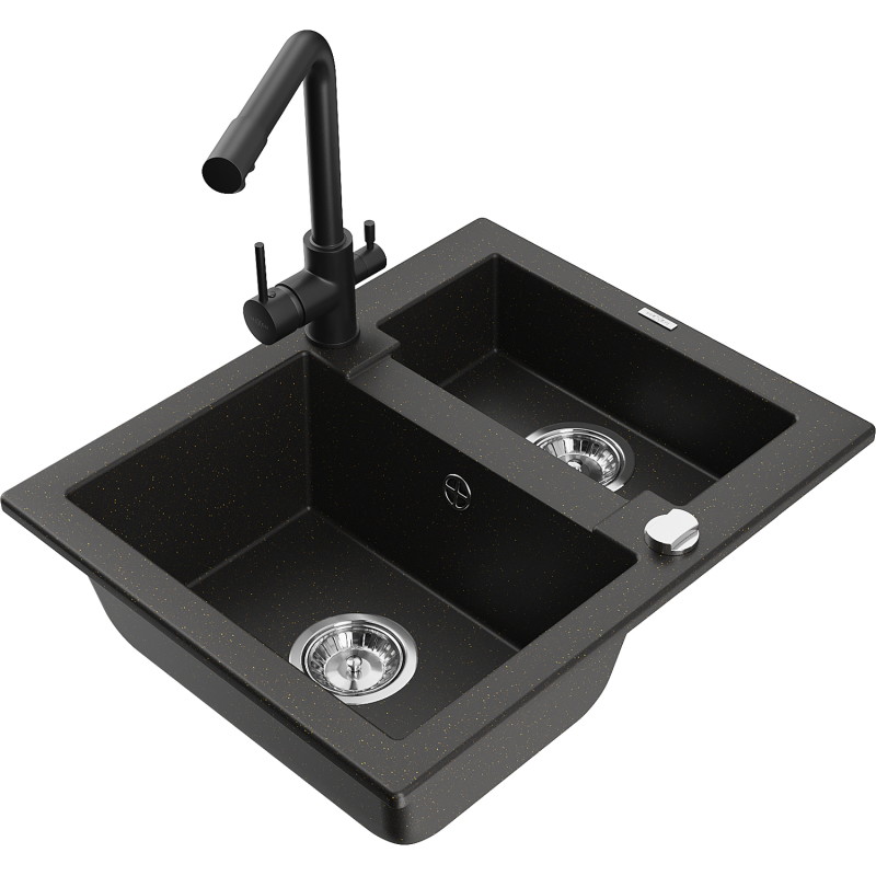 Mexen Carlos granitische spoelbak 1,5-kamer met keukenkraan Duero, zwart/goud metallic - 6518-75-671600-70