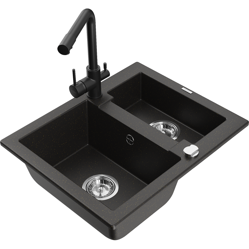 Mexen Carlos lavello in granito da 1,5 vasca con miscelatore da cucina Duero, nero/oro metallico - 6518-75-671600-70