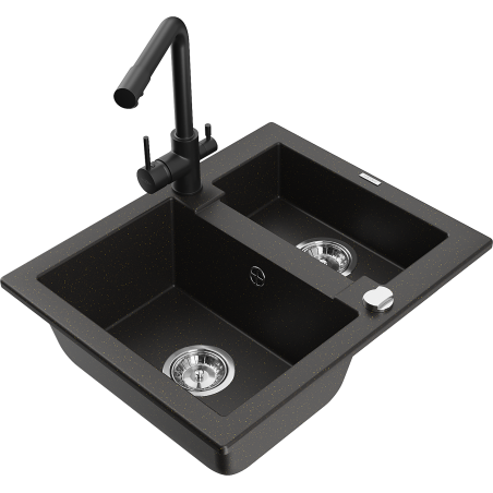 Mexen Carlos granitische spoelbak 1,5-kamer met keukenkraan Duero, zwart/goud metallic - 6518-75-671600-70