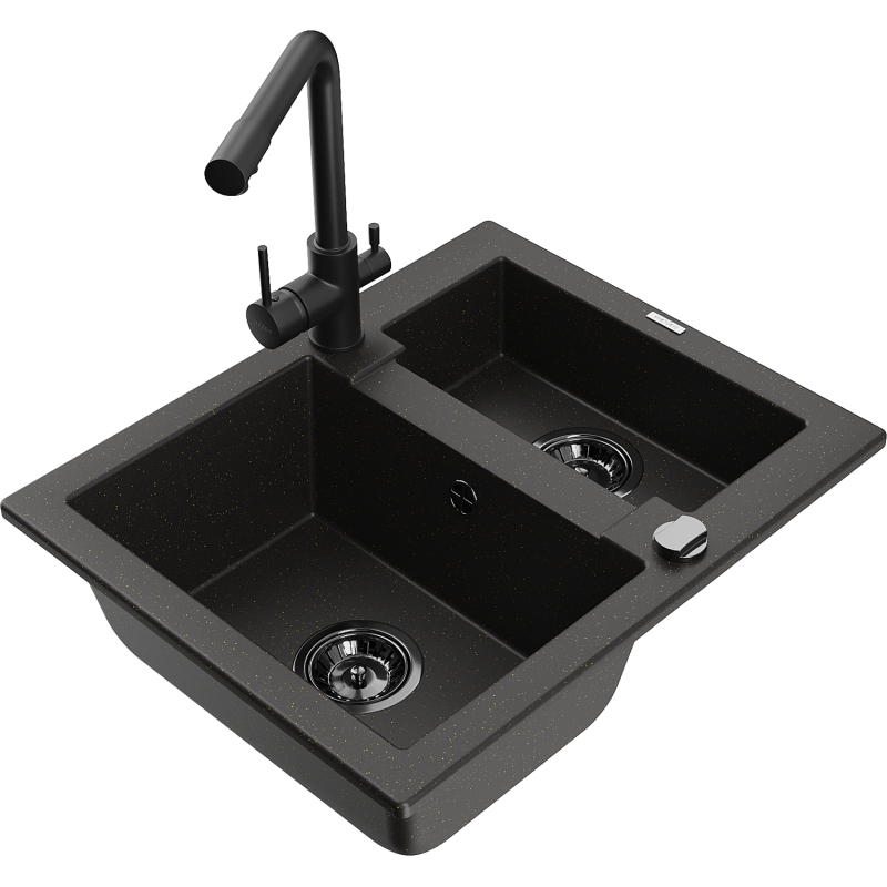 Mexen Carlos granite sink 1.5-bowl with Duero kitchen tap, black/gold metallic - 6518-75-671600-70-B