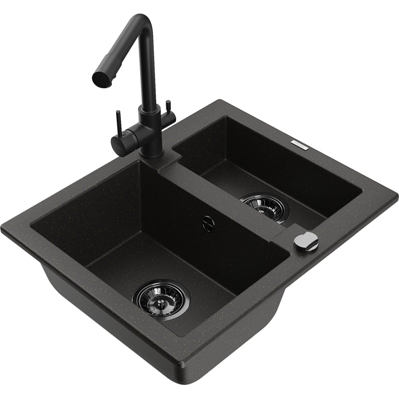 Mexen Carlos granitische spoelbak 1,5-komorige met keukenmengkraan Duero, zwart/goud metallic - 6518-75-671600-70-B