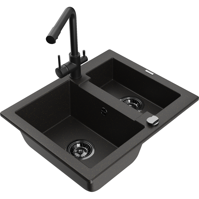 Mexen Carlos lava-louça de granito com 1,5 cubas e misturadora de cozinha Duero, preto/dourado metálico - 6518-75-671600-70-B