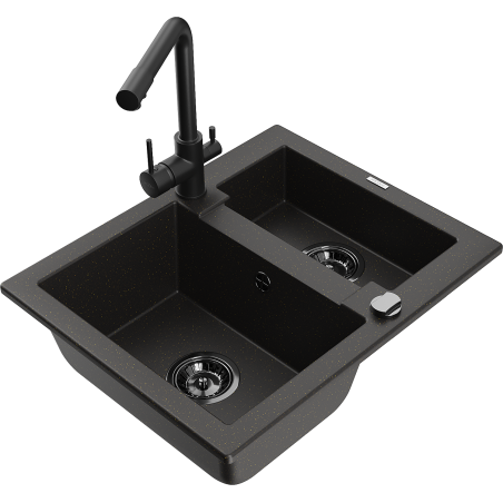 Mexen Carlos granieten spoelbak 1,5-komorige met keukenmengkraan Duero, zwart/goud metallic - 6518-75-671600-70-B