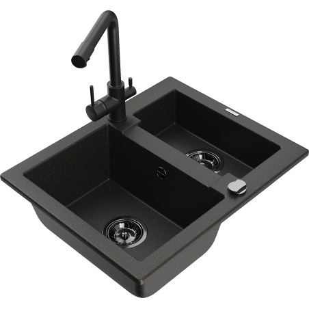Mexen Carlos granite sink 1.5-bowl with Duero kitchen tap, black/gold metallic - 6518-75-671600-70-B