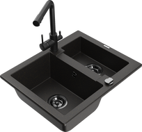 Mexen Carlos granite sink 1.5-bowl with Duero kitchen tap, black/gold metallic - 6518-75-671600-70-B