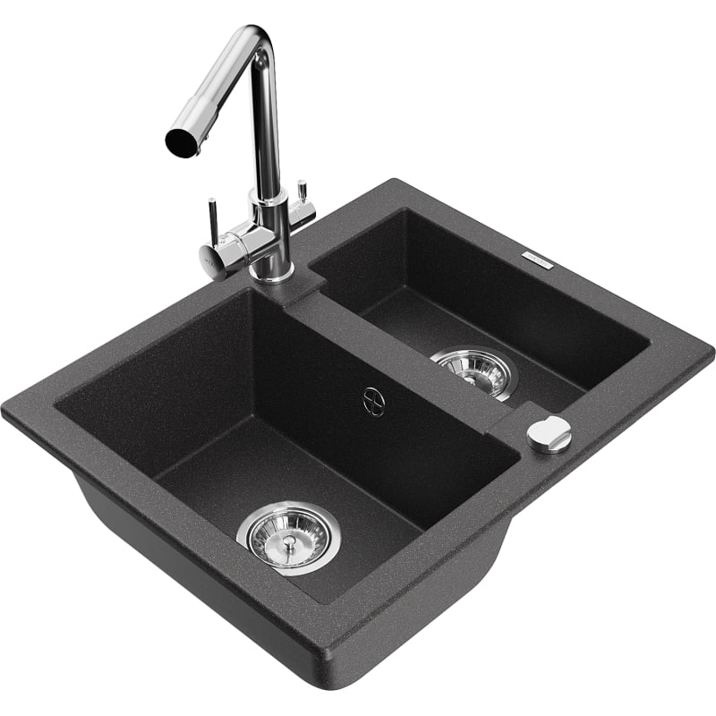 Mexen Carlos granite kitchen sink 1.5-bowl with Duero kitchen faucet, black speckled - 6518-76-671600-00