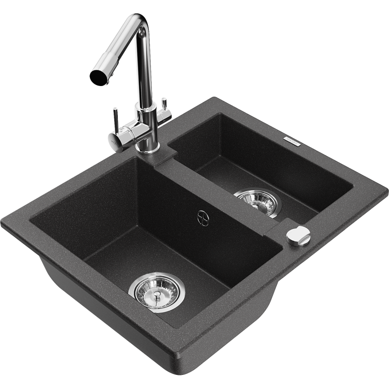 Mexen Carlos granite sink 1.5-bowl with Duero kitchen tap, black spotted - 6518-76-671600-00