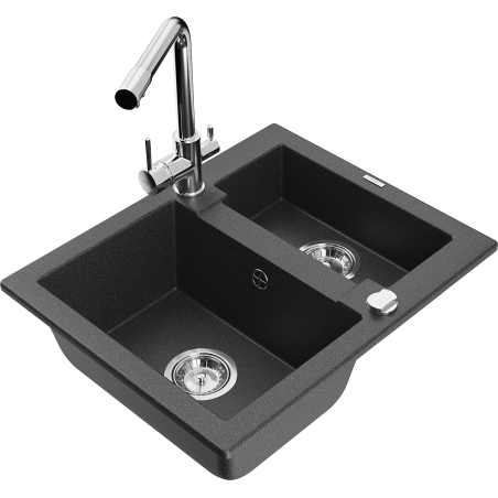 Mexen Carlos granite kitchen sink 1.5-bowl with Duero kitchen faucet, black speckled - 6518-76-671600-00