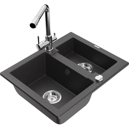 Mexen Carlos granite sink 1.5-bowl with Duero kitchen tap, black spotted - 6518-76-671600-00