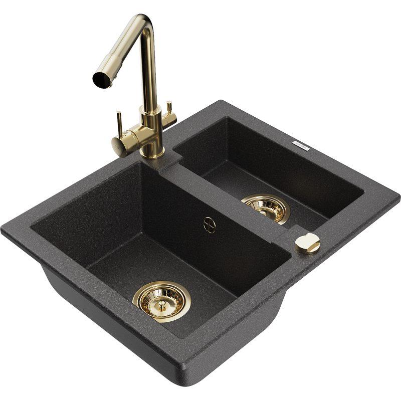 Mexen Carlos granite sink 1.5-bowl with Duero kitchen tap, speckled black - 6518-76-671600-50