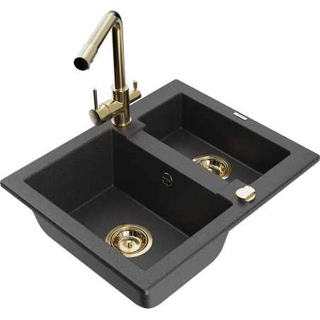 Mexen Carlos lavello da cucina in granito 1,5 vasca con rubinetto da cucina Duero, nero punteggiato - 6518-76-671600-50