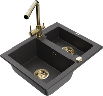Mexen Carlos granite sink 1.5-bowl with Duero kitchen tap, speckled black - 6518-76-671600-50