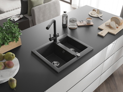 Mexen Carlos granite sink 1.5-bowl with Duero kitchen tap, black speckled - 6518-76-671600-70