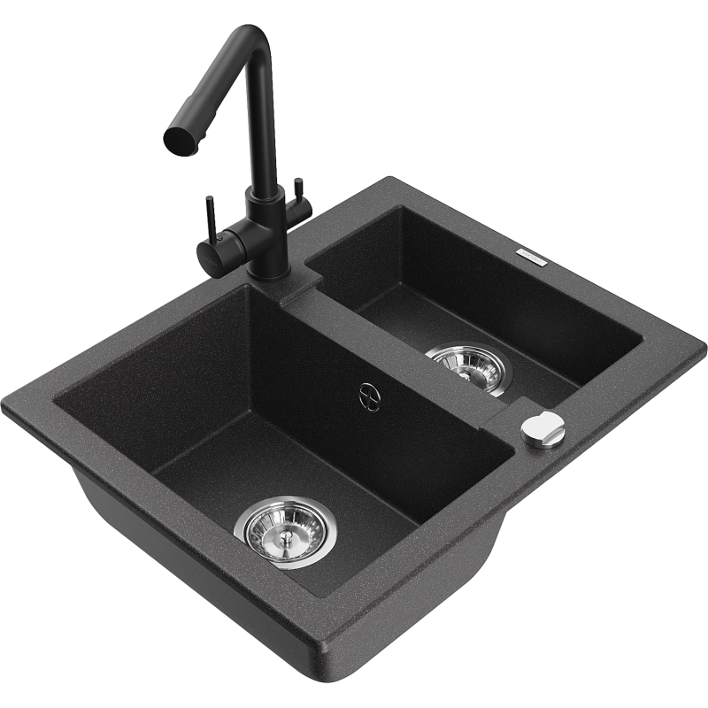 Mexen Carlos fregadero de granito de 1,5 senos con grifo de cocina Duero, negro moteado - 6518-76-671600-70