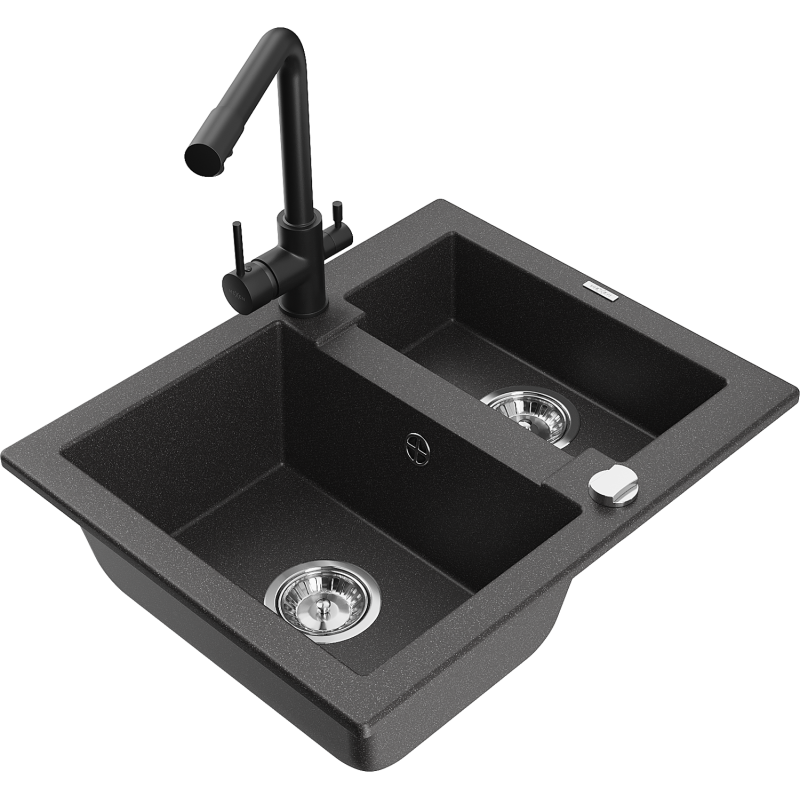 Mexen Carlos lava-loiça de granito 1,5 cubas com misturadora de cozinha Duero, preto salpicado - 6518-76-671600-70