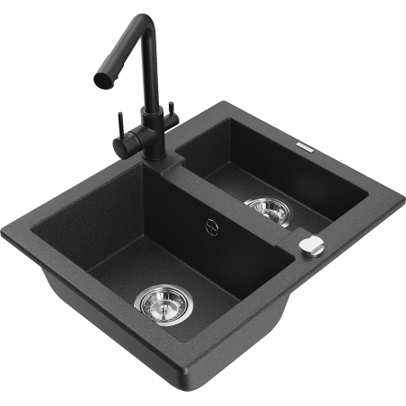 Mexen Carlos fregadero de granito de 1,5 senos con grifo de cocina Duero, negro moteado - 6518-76-671600-70